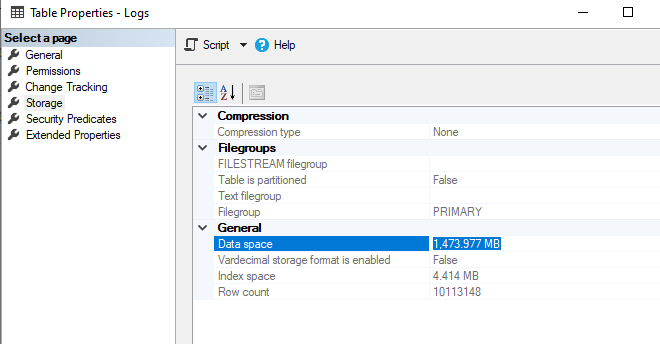 SQL Server Table Properties Showing 1.4 GB of Data space